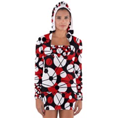 Red, Black And White Pattern Women s Long Sleeve Hooded T-shirt