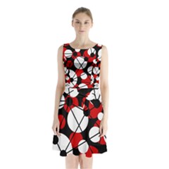 Red, Black And White Pattern Sleeveless Waist Tie Dress