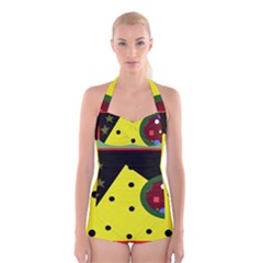 Abstract Design Boyleg Halter Swimsuit 