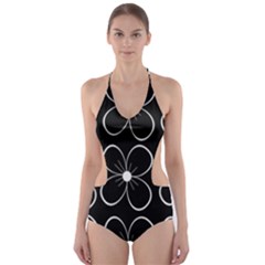 Black And White Floral Pattern Cut-out One Piece Swimsuit by Valentinaart