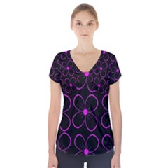 Purple Floral Pattern Short Sleeve Front Detail Top