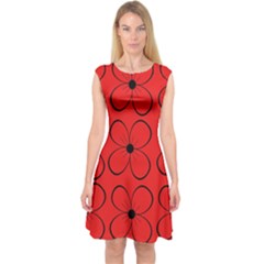 Red Floral Pattern Capsleeve Midi Dress