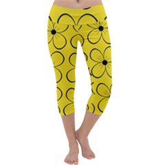 Yellow Floral Pattern Capri Yoga Leggings by Valentinaart