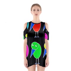 Colorful Birds Cutout Shoulder Dress