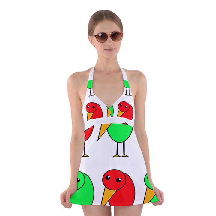 Green and red birds Halter Swimsuit Dress