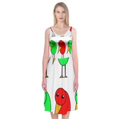 Green And Red Birds Midi Sleeveless Dress