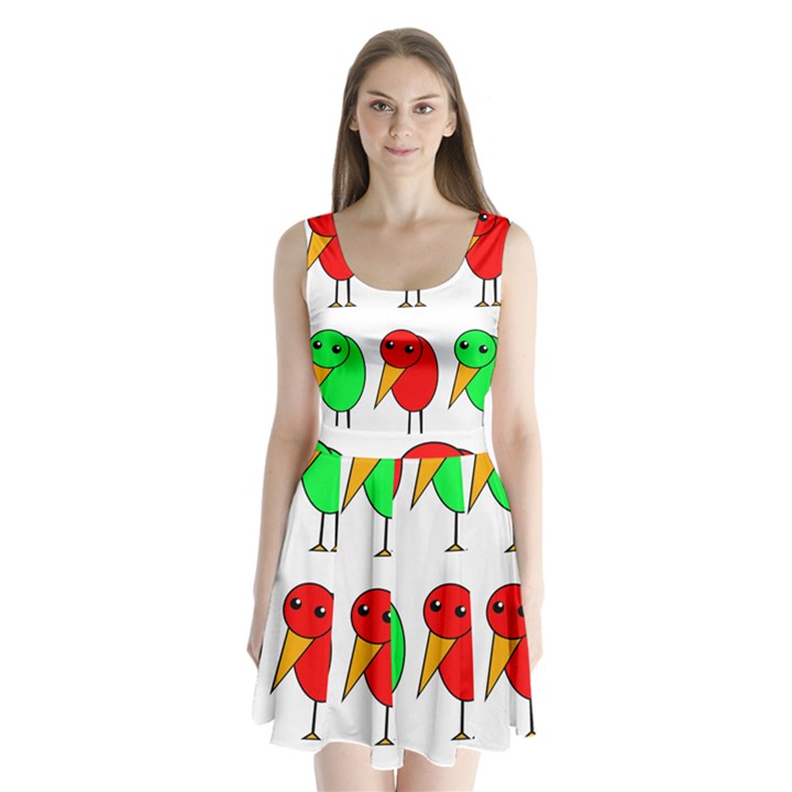 Green and red birds Split Back Mini Dress 