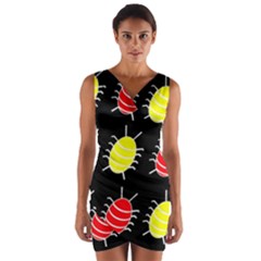 Red And Yellow Bugs Pattern Wrap Front Bodycon Dress