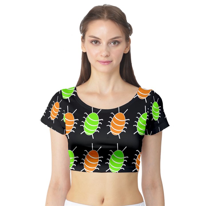 Green and orange bug pattern Short Sleeve Crop Top (Tight Fit)