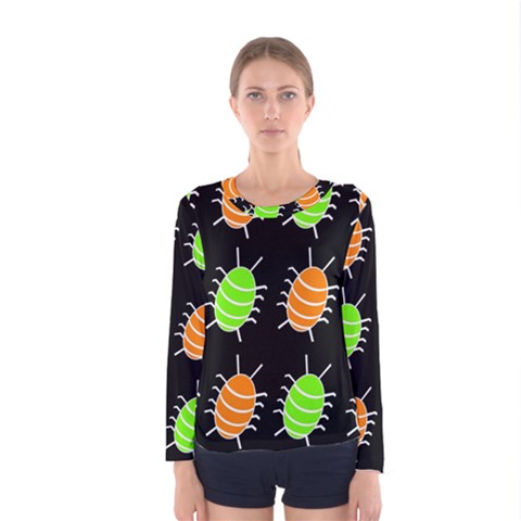 Green And Orange Bug Pattern Women s Long Sleeve Tee by Valentinaart