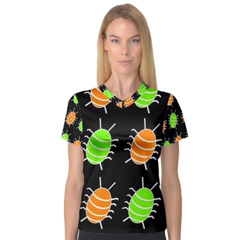 Green And Orange Bug Pattern Women s V-neck Sport Mesh Tee by Valentinaart