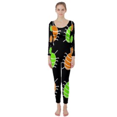 Green And Orange Bug Pattern Long Sleeve Catsuit by Valentinaart