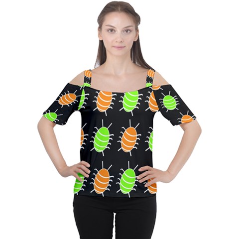 Green And Orange Bug Pattern Women s Cutout Shoulder Tee by Valentinaart