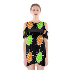 Green And Orange Bug Pattern Cutout Shoulder Dress