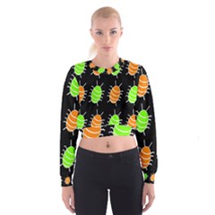 Green And Orange Bug Pattern Women s Cropped Sweatshirt by Valentinaart