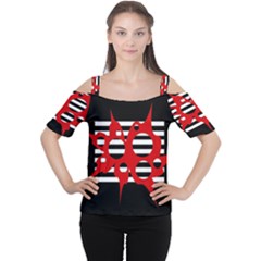 Red, Black And White Abstract Design Women s Cutout Shoulder Tee