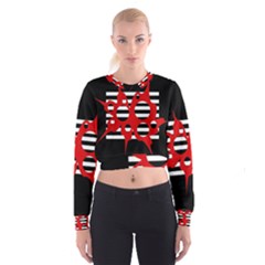 Red, Black And White Abstract Design Women s Cropped Sweatshirt by Valentinaart