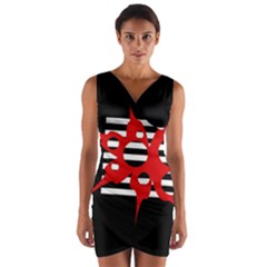 Red, Black And White Abstract Design Wrap Front Bodycon Dress