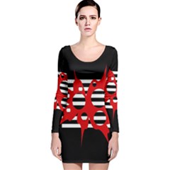 Red, Black And White Abstract Design Long Sleeve Velvet Bodycon Dress