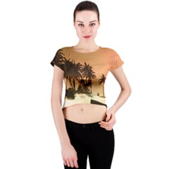 Wonderful Sunset Over The Beach, Tropcal Island Crew Neck Crop Top by FantasyWorld7