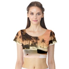 Wonderful Sunset Over The Beach, Tropcal Island Short Sleeve Crop Top (tight Fit) by FantasyWorld7