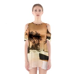 Wonderful Sunset Over The Beach, Tropcal Island Cutout Shoulder Dress