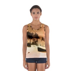 Wonderful Sunset Over The Beach, Tropcal Island Women s Sport Tank Top  by FantasyWorld7