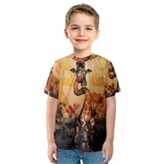 Funny, Cute Giraffe With Sunglasses And Flowers Kid s Sport Mesh Tee