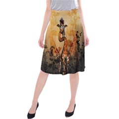 Funny, Cute Giraffe With Sunglasses And Flowers Midi Beach Skirt