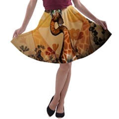 Funny, Cute Giraffe With Sunglasses And Flowers A-line Skater Skirt