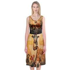 Funny, Cute Giraffe With Sunglasses And Flowers Midi Sleeveless Dress