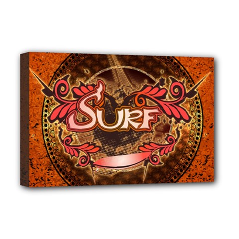 Surfing, Surfboard With Floral Elements  And Grunge In Red, Black Colors Deluxe Canvas 18  X 12   by FantasyWorld7