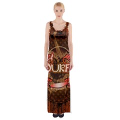 Surfing, Surfboard With Floral Elements  And Grunge In Red, Black Colors Maxi Thigh Split Dress