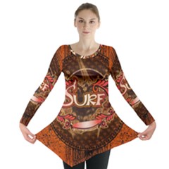 Surfing, Surfboard With Floral Elements  And Grunge In Red, Black Colors Long Sleeve Tunic 