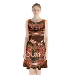 Surfing, Surfboard With Floral Elements  And Grunge In Red, Black Colors Sleeveless Waist Tie Dress