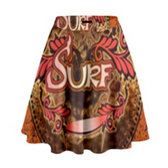 Surfing, Surfboard With Floral Elements  And Grunge In Red, Black Colors High Waist Skirt