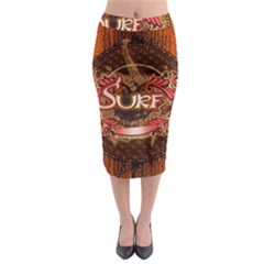 Surfing, Surfboard With Floral Elements  And Grunge In Red, Black Colors Midi Pencil Skirt