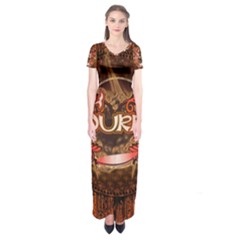 Surfing, Surfboard With Floral Elements  And Grunge In Red, Black Colors Short Sleeve Maxi Dress