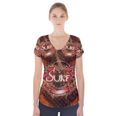 Surfing, Surfboard With Floral Elements  And Grunge In Red, Black Colors Short Sleeve Front Detail Top by FantasyWorld7