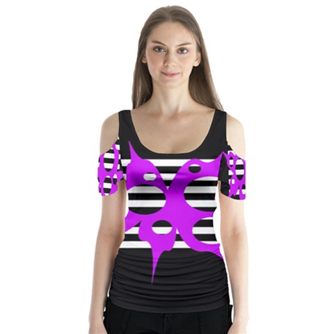 Purple Abstraction Butterfly Sleeve Cutout Tee  by Valentinaart