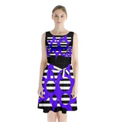 Blue Abstract Design Sleeveless Waist Tie Dress