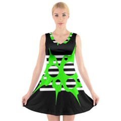 Green Abstract Design V-neck Sleeveless Skater Dress