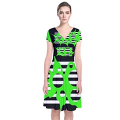 Green Abstract Design Short Sleeve Front Wrap Dress