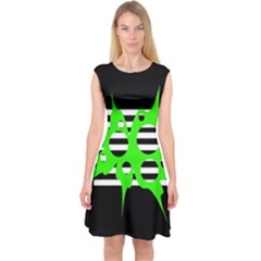 Green Abstract Design Capsleeve Midi Dress