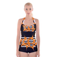 Orange Abstract Design Boyleg Halter Swimsuit 