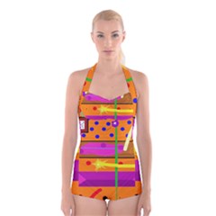 Orange Abstraction Boyleg Halter Swimsuit 