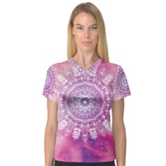 Pink Watercolour Mandala Women s V-neck Sport Mesh Tee