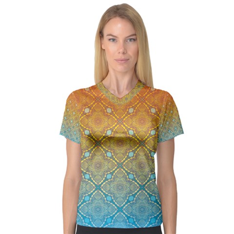 Ombre Fire And Water Pattern Women s V-neck Sport Mesh Tee by TanyaDraws