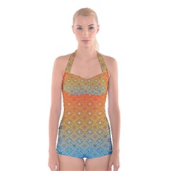 Ombre Fire And Water Pattern Boyleg Halter Swimsuit 