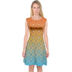 Ombre Fire And Water Pattern Capsleeve Midi Dress